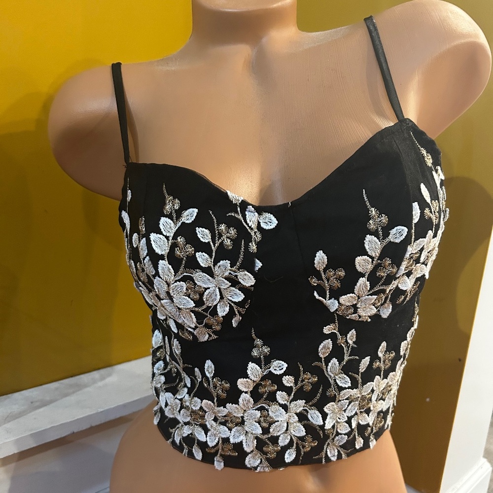 Shein Bustier w/Embroidered Flowers Gold & Silver